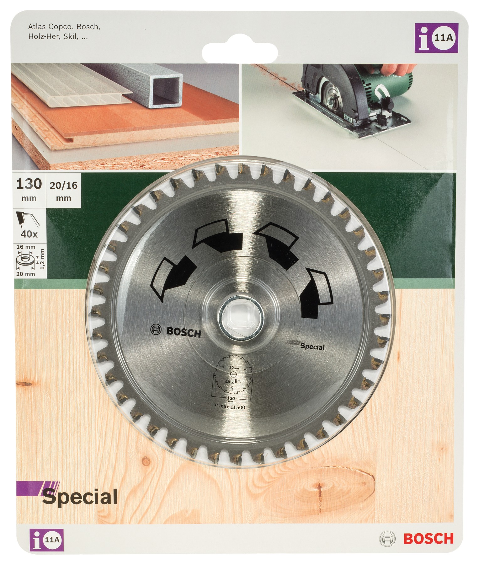 Hoja de sierra circular SPECIALD = 130 mm; taladro= 20 mm; T = 40