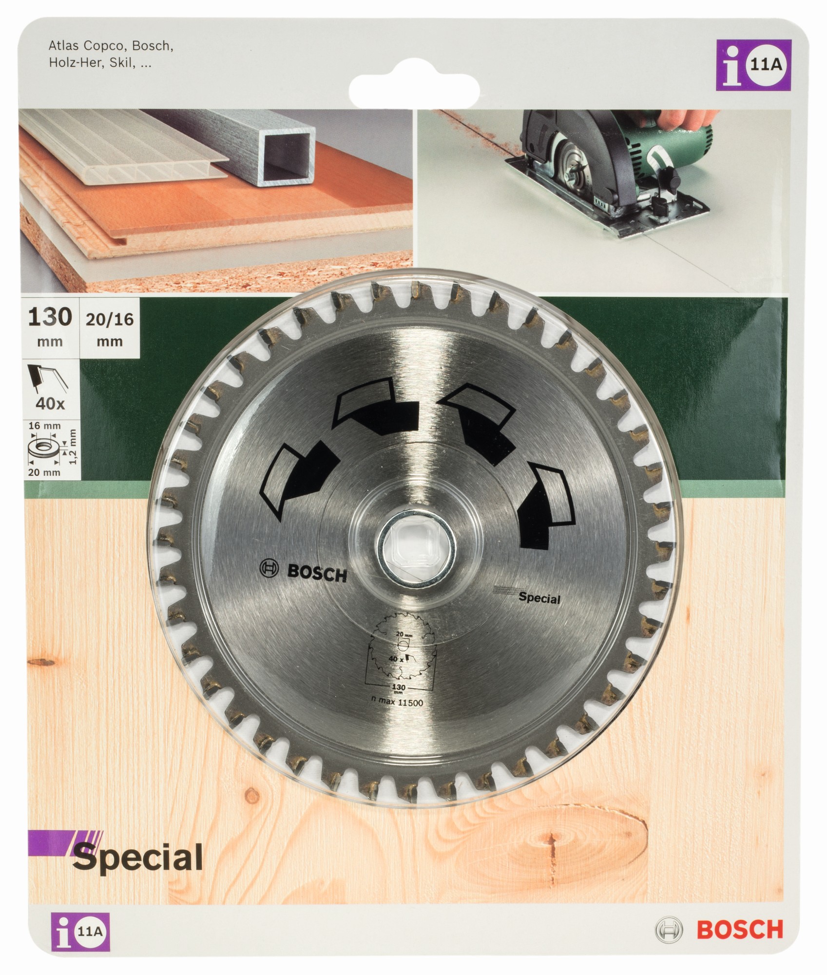 Hoja de sierra circular SPECIALD = 130 mm; taladro= 20 mm; T = 40