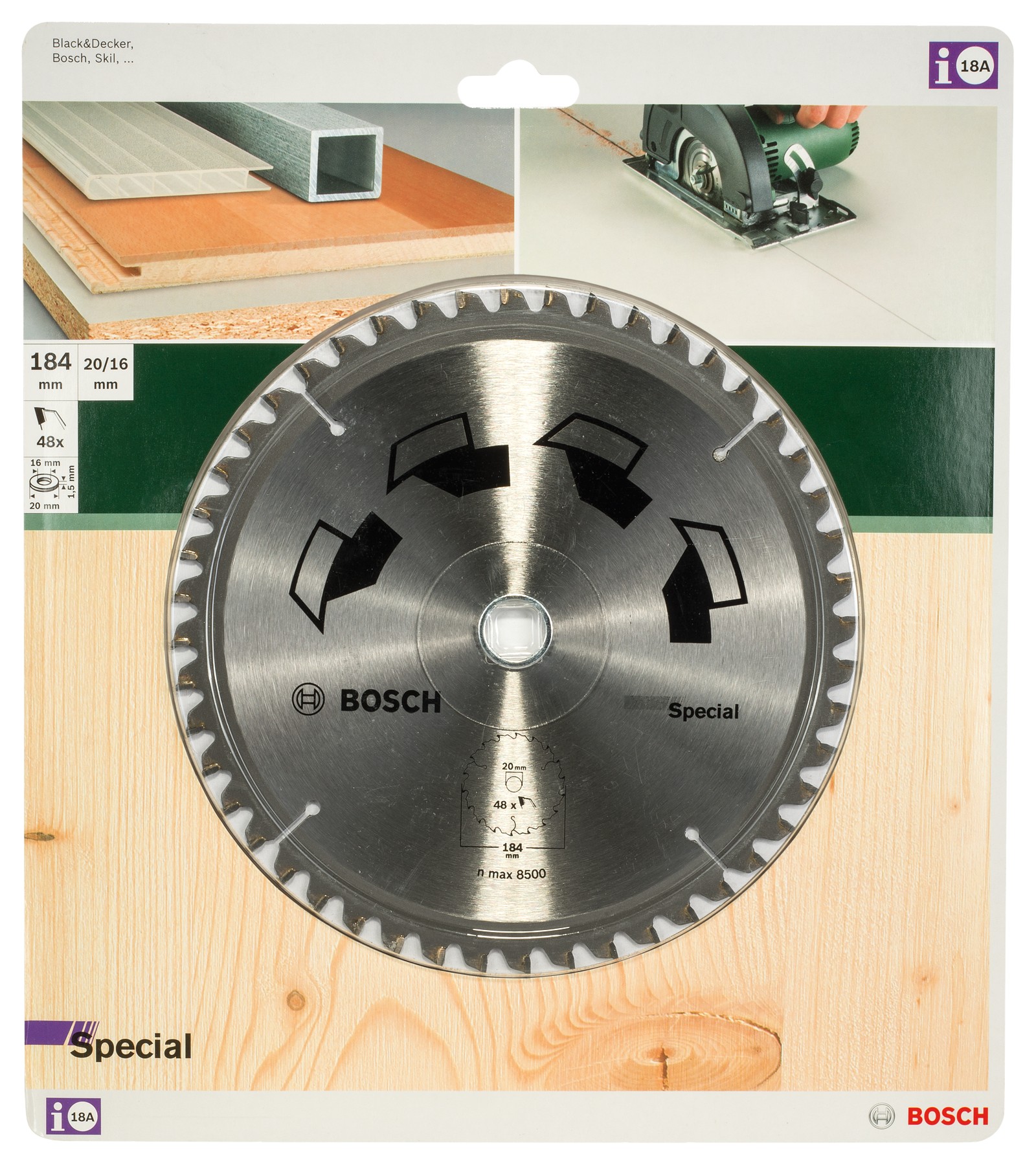 Hoja de sierra circular SPECIALD = 184 mm; taladro= 16 mm; T = 48