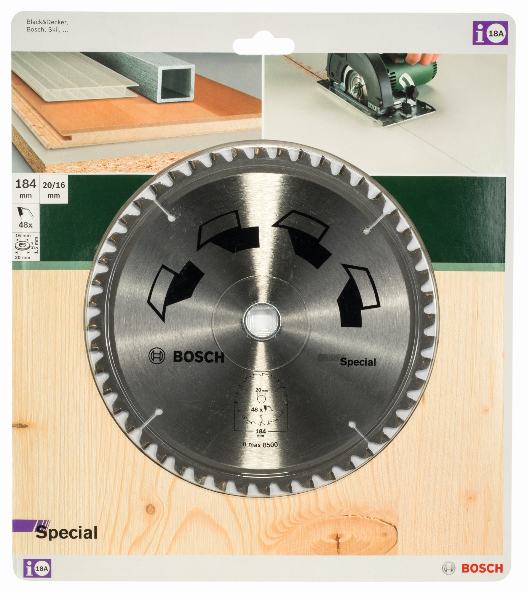 Hoja de sierra circular SPECIALD = 184 mm; taladro= 16 mm; T = 48
