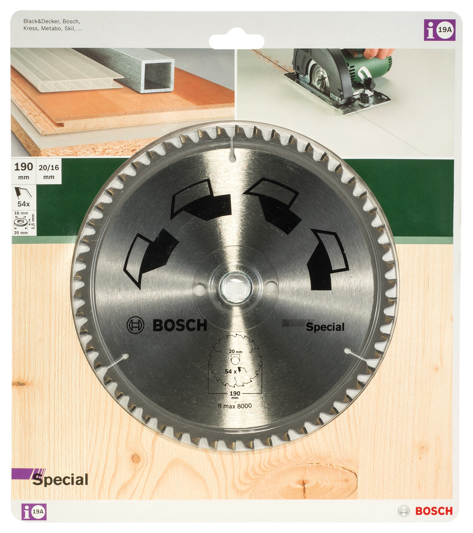 Hoja de sierra circular SPECIALD = 190 mm; taladro= 20 mm; T = 54