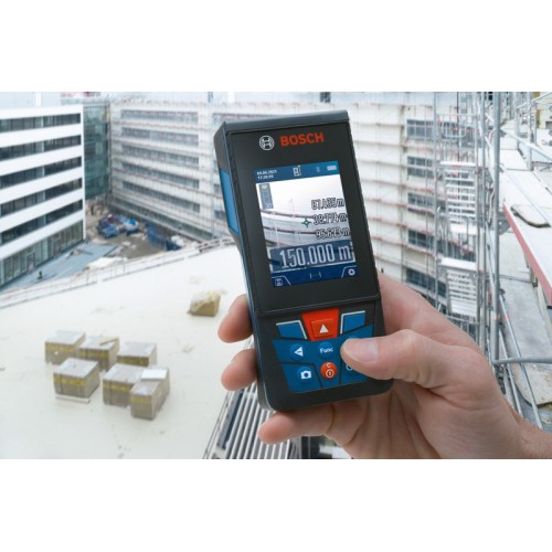 Bosch Professional Medidor Láser GLM 150-27 C (cámara integrada, batería de 3,6 V integrada, alcance: hasta 150 m, robusto, IP54, ±1,5 mm*, correa de sujeción, 