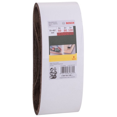 Juego de 9 bandas lijadoras, 75 x 457 mm, grano 60, 80, 100