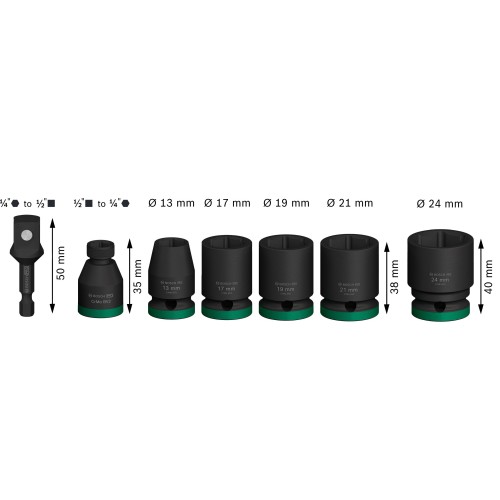 Set de llaves PRO Impact, con adaptador, 1/2", estándar, 7 uds.