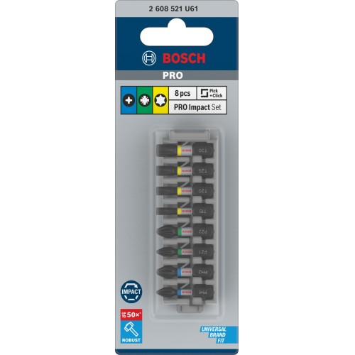 Set de puntas de atornillar PRO Impact, PH1; PH2; PZ1; PZ2; T15; T20; T25; T30, 25 mm, 8 unidades