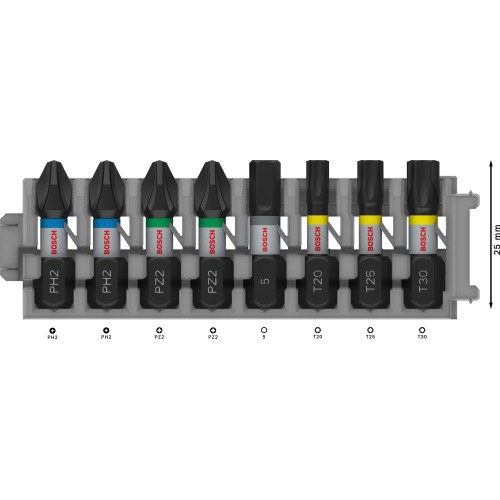 Set de puntas de atornillar PRO Impact, PH2 (2 uds.); PZ2 (2 uds.); H5; T20; T25; T30, 25 mm, 8 uds.