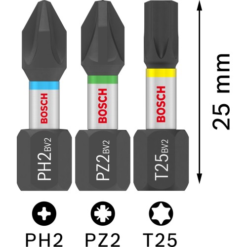 Set de puntas de atornillar PRO Impact, PH2 (5 uds.), PZ2 (5 uds.), T20 (5 uds.), T25 (5 uds.), T30 (5 uds.), 25 mm, expositor, 10 x 25 uds.