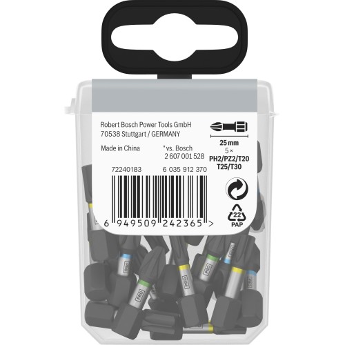 Set de puntas de atornillar PRO Impact, PH2 (5 uds.), PZ2 (5 uds.), T20 (5 uds.), T25 (5 uds.), T30 (5 uds.), 25 mm, expositor, 10 x 25 uds.