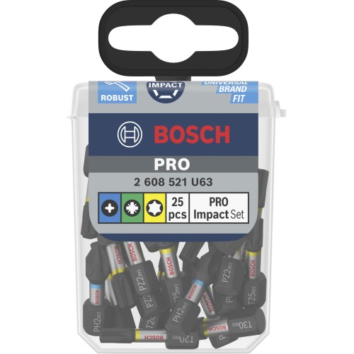Set de puntas de atornillar PRO Impact, PH2 (5 uds.), PZ2 (5 uds.), T20 (5 uds.), T25 (5 uds.), T30 (5 uds.), 25 mm, expositor, 10 x 25 uds.
