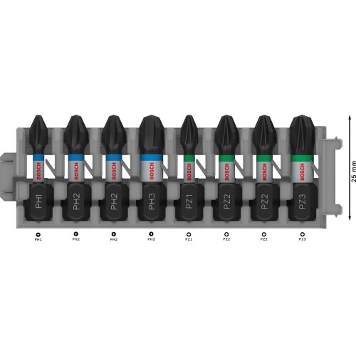 Set de puntas de atornillar PRO Impact, PH1; PH2 (x2); PH3; PZ1; PZ2 (x2); PZ3, 25 mm, 8 uds.