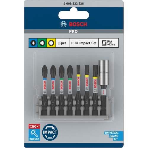PRO Impact Set con portapuntas estándar e índice Pick and Click, PH2 (2 uds.); PZ2 (2 uds.), T20, T25, T30, BH, 8 unidades
