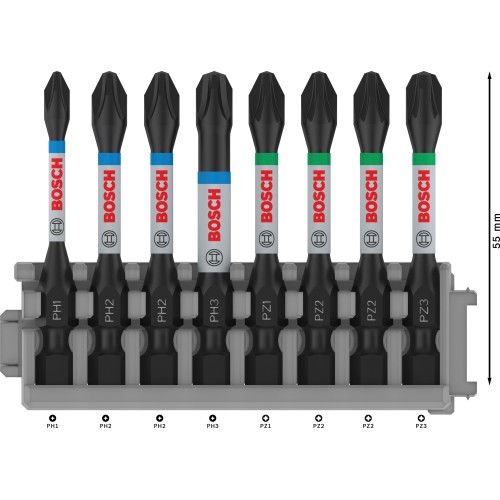 Set de puntas de atornillar PRO Impact, PH1; PH2 (x2); PH3; PZ1; PZ2 (x2); PZ3, 55 mm, 8 uds.