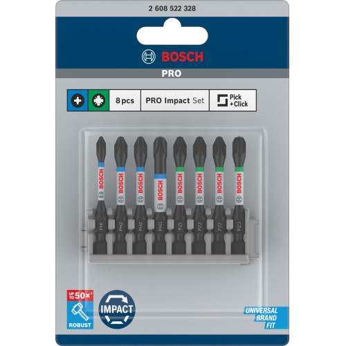 Set de puntas de atornillar PRO Impact, PH1; PH2 (x2); PH3; PZ1; PZ2 (x2); PZ3, 55 mm, 8 uds.