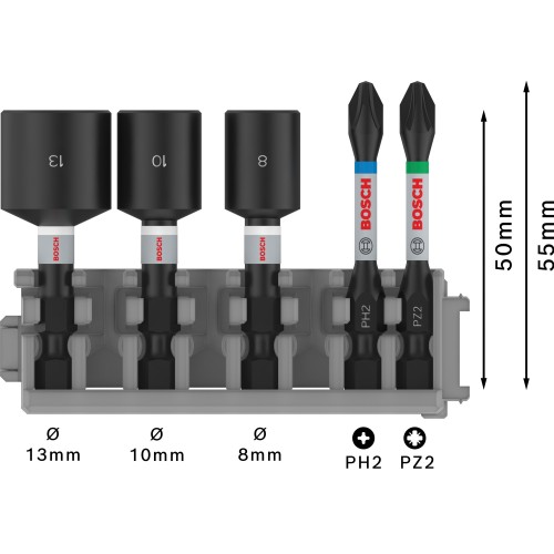 PRO Impact Set con llaves de vaso e índice Pick and Click, PH2x50, PZ2x50, NS8x50, NS10x50, NS13x50 mm, 5 unidades