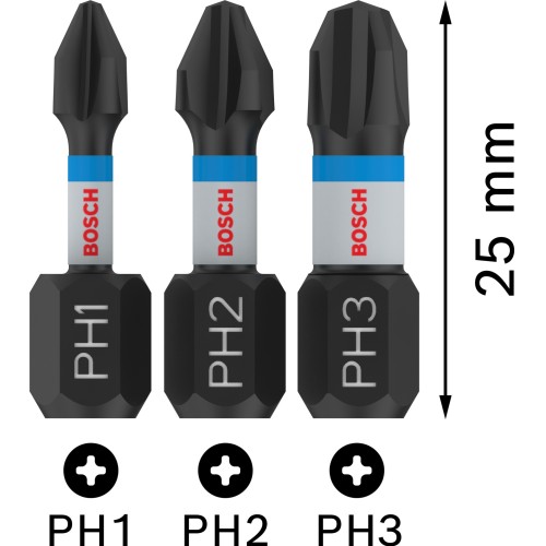 Punta PRO PH Impact, PH1 x 25, PH2 x 25, PH3 x 25 mm, 3 uds.