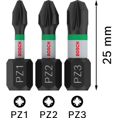 Punta PRO PZ Impact, PZ1 x 25, PZ2 x 25, PZ3 x 25 mm, 3 uds.