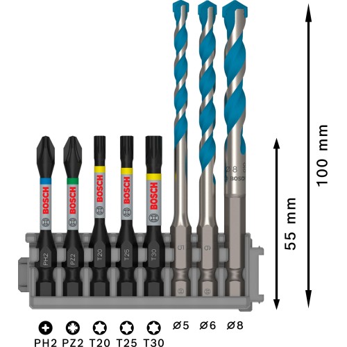 PRO Impact Set con broca Multi Construction e índice Pick and Click, PH2 x 50 mm, PZ2 x 50 mm, T20 x 50 mm, T25 x 50 mm, T30 x 50 mm, MC 5/6/8 x 50 mm, 8 unidad