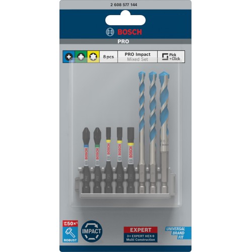 PRO Impact Set con broca Multi Construction e índice Pick and Click, PH2 x 50 mm, PZ2 x 50 mm, T20 x 50 mm, T25 x 50 mm, T30 x 50 mm, MC 5/6/8 x 50 mm, 8 unidad