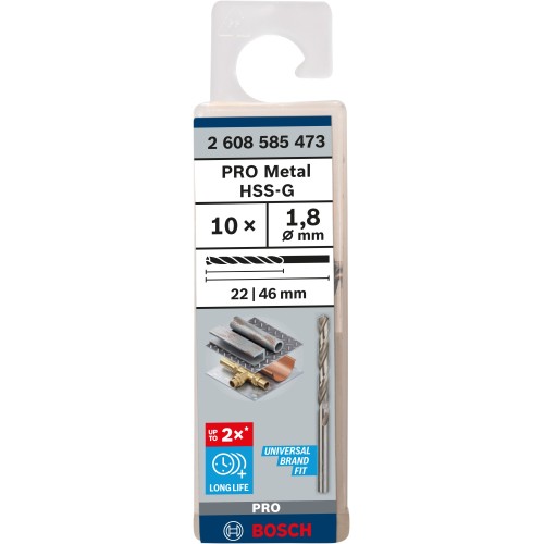 Broca helicoidal PRO Metal HSS-G, longitud estándar, 1,8 x 22 x 46 mm, 10 unidades