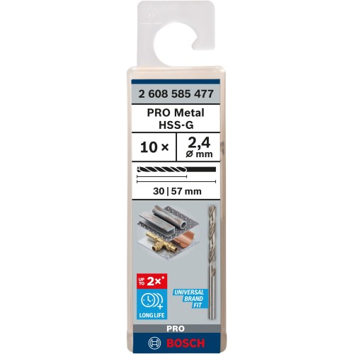 Broca helicoidal PRO Metal HSS-G, longitud estándar, 2,4 x 30 x 57 mm, 10 unidades