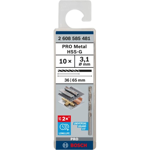 Broca helicoidal PRO Metal HSS-G, longitud estándar, 3,1 x 36 x 65 mm, 10 unidades