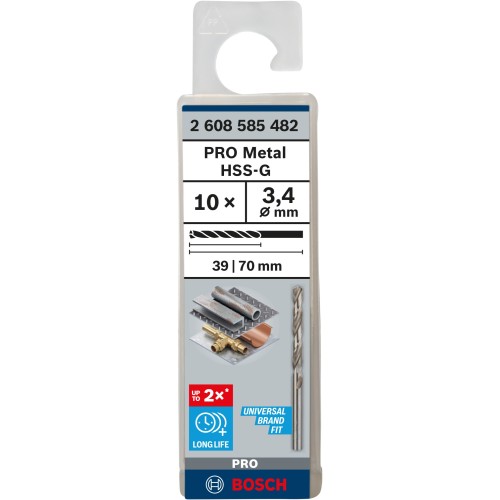 Broca helicoidal PRO Metal HSS-G, longitud estándar, 3,4 x 39 x 70 mm, 10 unidades