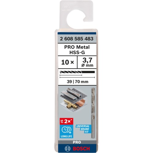 Broca helicoidal PRO Metal HSS-G, longitud estándar, 3,7 x 39 x 70 mm, 10 unidades
