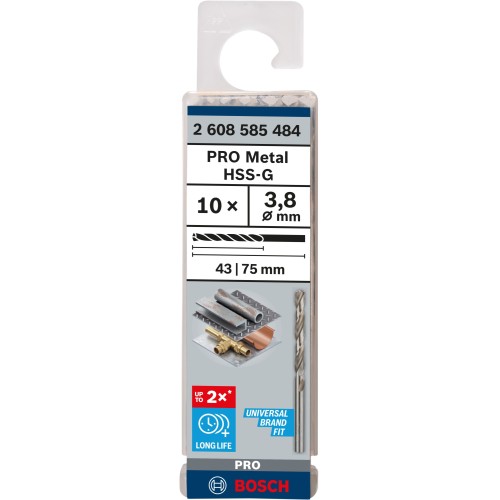 Broca helicoidal PRO Metal HSS-G, longitud estándar, 3,8 x 43 x 75 mm, 10 unidades