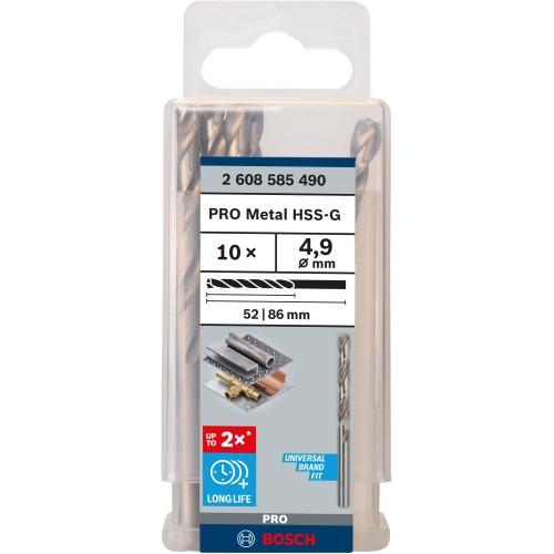 Broca helicoidal PRO Metal HSS-G, longitud estándar, 4,9 x 52 x 86 mm, 10 unidades