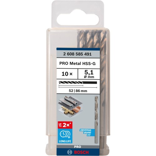 Broca helicoidal PRO Metal HSS-G, longitud estándar, 5,1 x 52 x 86 mm, 10 unidades