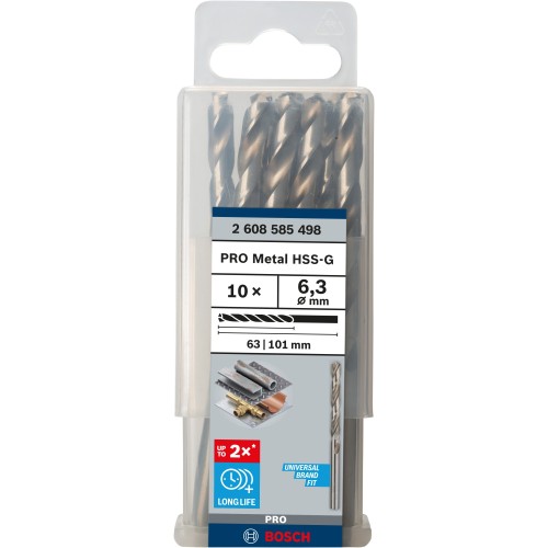 Broca helicoidal PRO Metal HSS-G, longitud estándar, 6,3 x 63 x 101 mm, 10 unidades