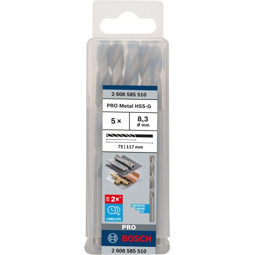 Broca helicoidal PRO Metal HSS-G, longitud estándar, 8,3 x 75 x 117 mm, 5 unidades