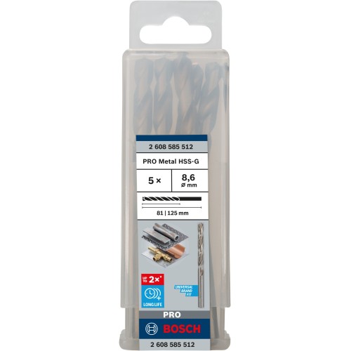 Broca helicoidal PRO Metal HSS-G, longitud estándar, 8,6 x 81 x 125 mm, 5 unidades