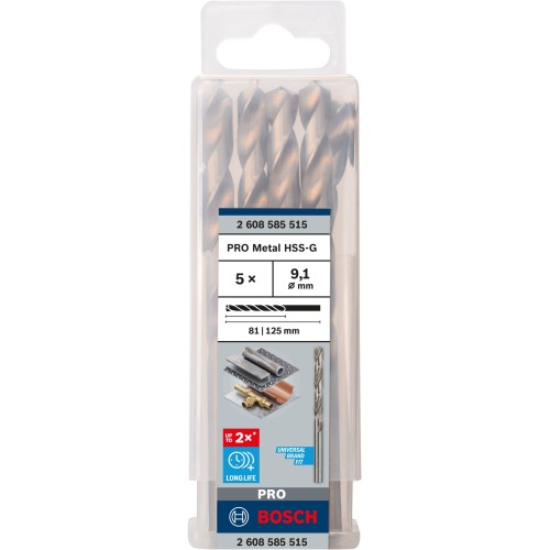 Broca helicoidal PRO Metal HSS-G, longitud estándar, 9,1 x 81 x 125 mm, 5 unidades