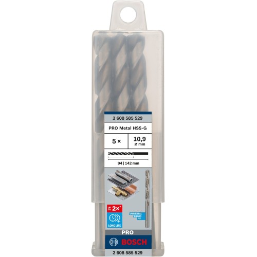 Broca helicoidal PRO Metal HSS-G, longitud estándar, 10,9 x 94 x 142 mm, 5 unidades