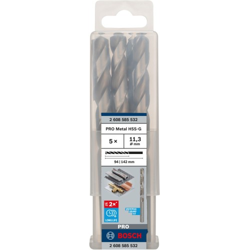 Broca helicoidal PRO Metal HSS-G, longitud estándar, 11,3 x 94 x 142 mm, 5 unidades