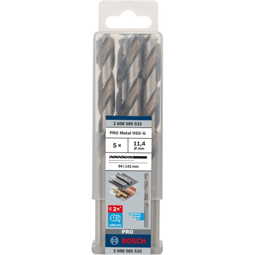 Broca helicoidal PRO Metal HSS-G, longitud estándar, 11,4 x 94 x 142 mm, 5 unidades