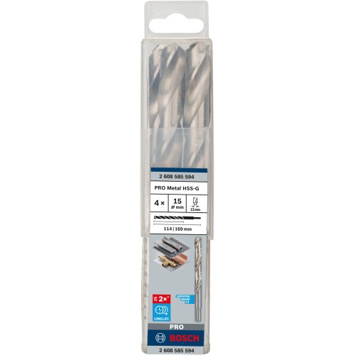 Broca helicoidal PRO Metal HSS-G, longitud estándar, 15 x 114 x 169 mm, 4 unidades