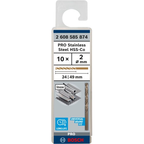 Broca helicoidal PRO Stainless Steel HSS-Co, 2 x 24 x 49 mm, 10 unidades