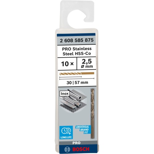 Broca helicoidal PRO Stainless Steel HSS-Co, 2 x 30 x 57 mm, 10 unidades