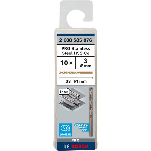 Broca helicoidal PRO Stainless Steel HSS-Co, 3 x 33 x 61 mm, 10 unidades