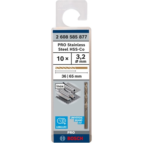 Broca helicoidal PRO Stainless Steel HSS-Co, 3,2 x 36 x 65 mm, 10 unidades