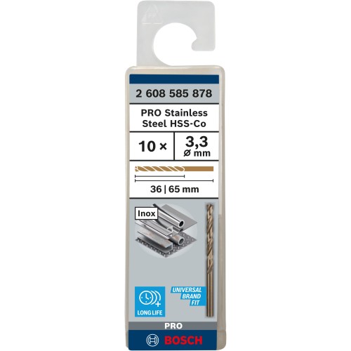 Broca helicoidal PRO Stainless Steel HSS-Co, 3,3 x 36 x 65 mm, 10 unidades