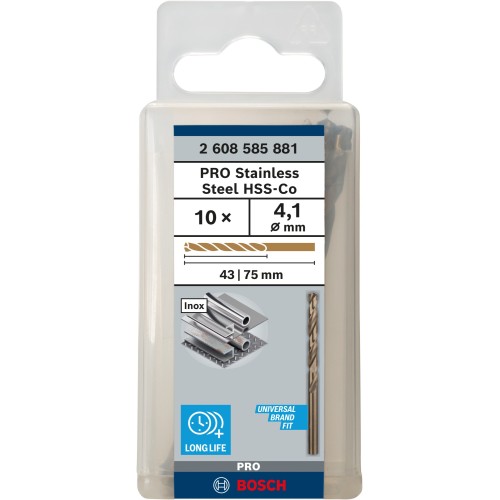 Broca helicoidal PRO Stainless Steel HSS-Co, 4,1 x 43 x 75 mm, 10 unidades