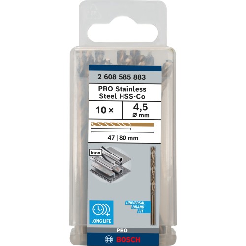 Broca helicoidal PRO Stainless Steel HSS-Co, 4,5 x 47 x 80 mm, 10 unidades