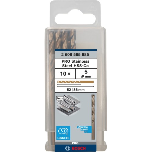 Broca helicoidal PRO Stainless Steel HSS-Co, 5 x 52 x 86 mm, 10 unidades