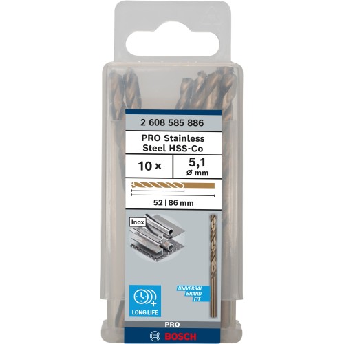 Broca helicoidal PRO Stainless Steel HSS-Co, 5,1 x 52 x 86 mm, 10 unidades