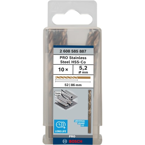 Broca helicoidal PRO Stainless Steel HSS-Co, 5,2 x 52 x 86 mm, 10 unidades