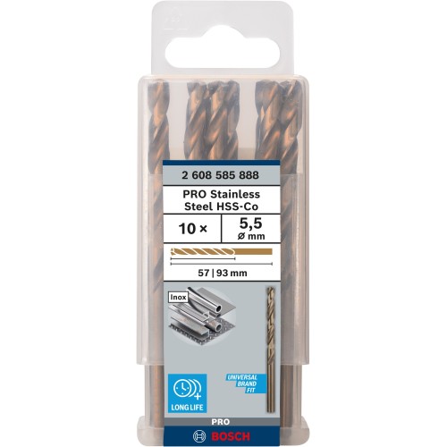 Broca helicoidal PRO Stainless Steel HSS-Co, 5,5 x 57 x 93 mm, 10 unidades
