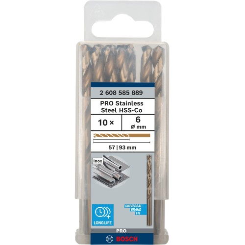 Broca helicoidal PRO Stainless Steel HSS-Co, 6 x 57 x 93 mm, 10 unidades